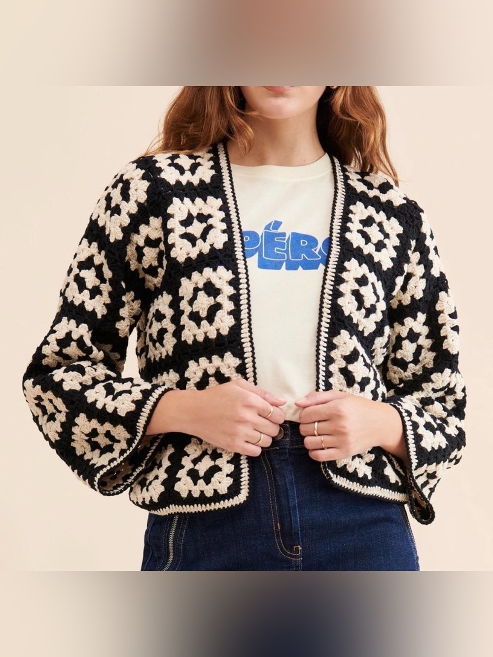 Society Mano Black and Beige Granny Square Cardigan